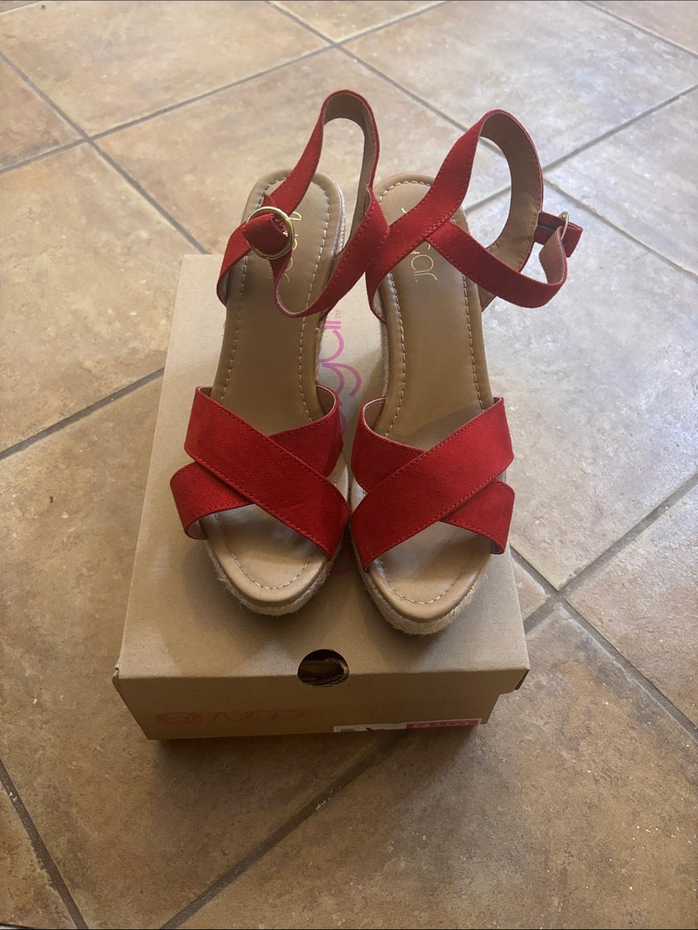 Women's Red Strappy Wedge Sandals